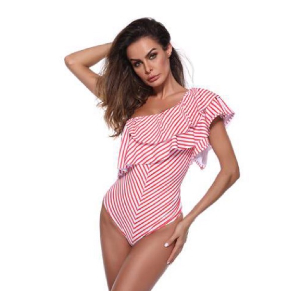 Red striped one shoulder bathing suit